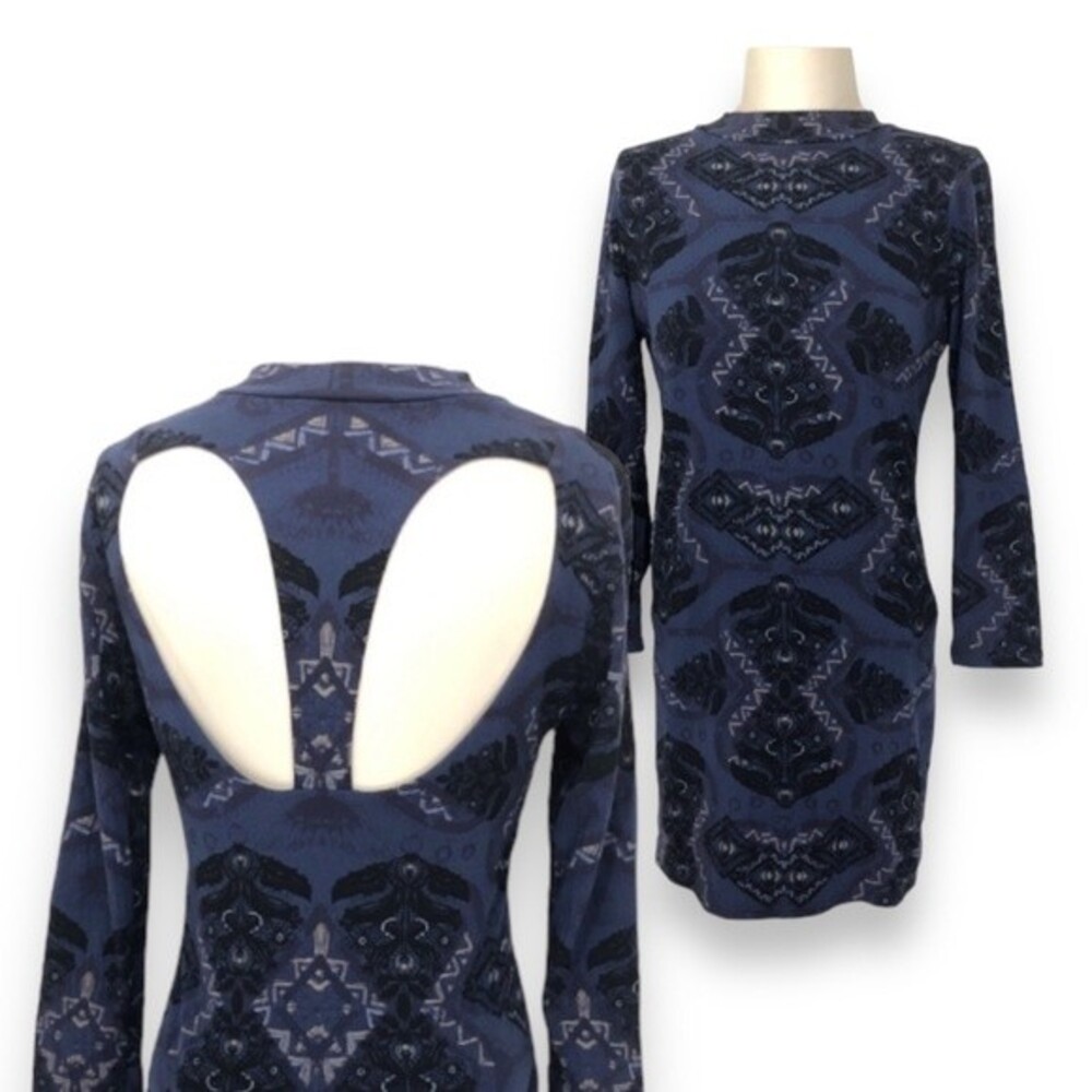 Free People Dress Womens Small Blue Peacock Cute N Cozy Bodycon Mini Long Sleeve